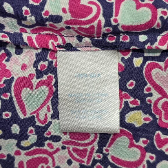 Lilly Pulitzer Shirt Womens Small Navy Pink Silk Heart Print Blouse Preppy Retro - Picture 11 of 12